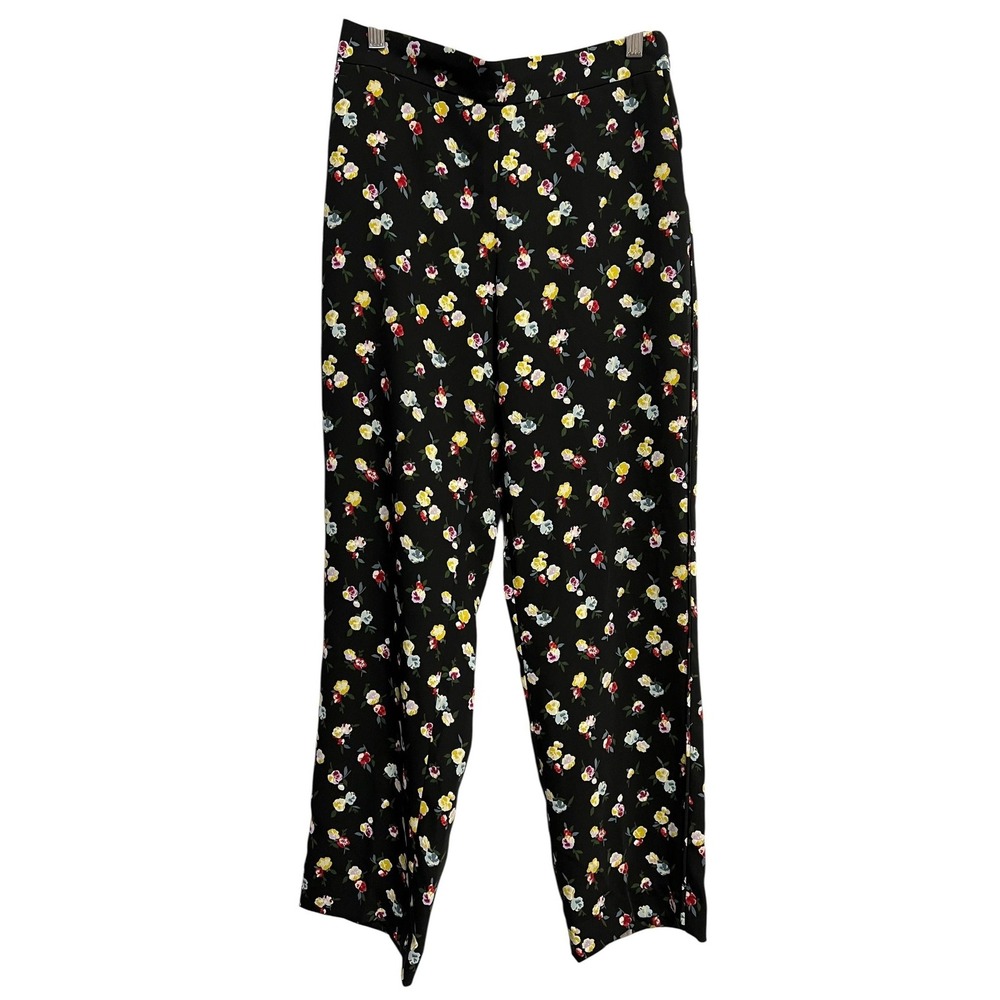 Ann Taylor Pants Womens Small Black Floral Print‎ Straight Leg Polyester Pockets